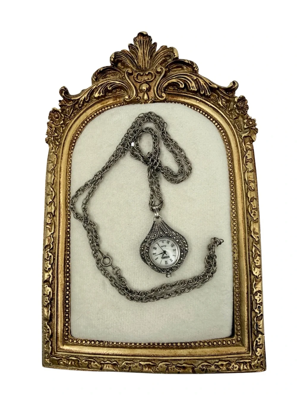 This vintage Gitano silver-tone marcasite pendant necklace watch quartz Japan